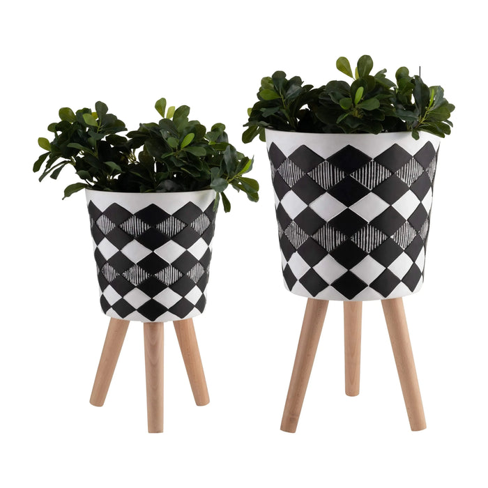 S/2 10/12' DIAMOND PLANTER W/ WOOD LEGS, BLACK(KD) Default -DTYStore