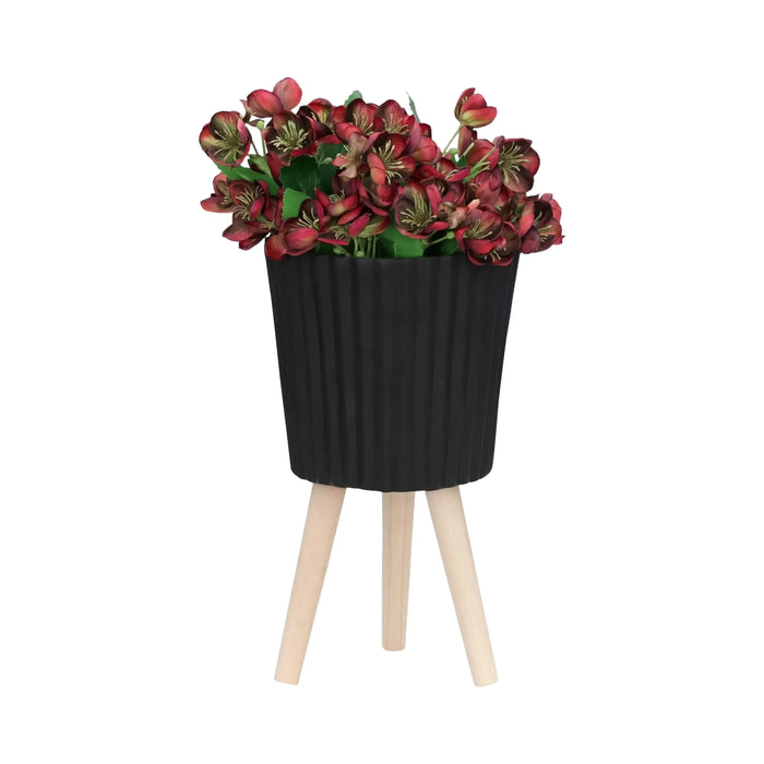 S/2 10/12' RIDGED PLANTER W/ WOOD LEGS, BLACK (KD) Default -DTYStore