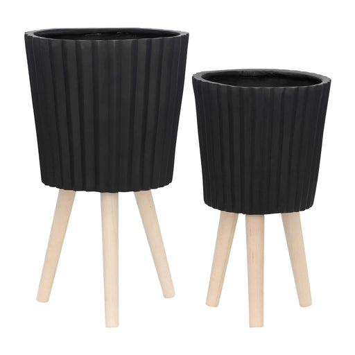 S/2 10/12' RIDGED PLANTER W/ WOOD LEGS, BLACK (KD) Default -DTYStore