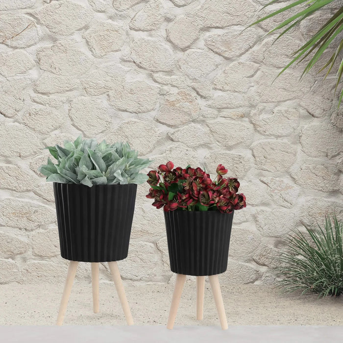 S/2 10/12' RIDGED PLANTER W/ WOOD LEGS, BLACK (KD) Default -DTYStore