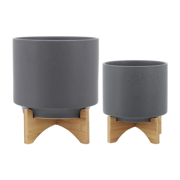 S/2 8/10' PLANTER W/ WOOD STAND, MATTE GRAY Default -DTYStore