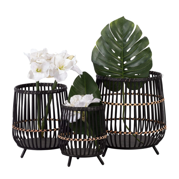 S/3 BAMBOO FOOTED PLANTERS 17/14/10', BLACK Default -DTYStore
