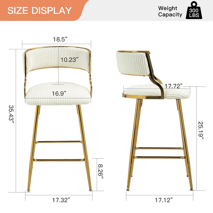 (SET of 2) 26'' Counter height bar stools Corduroy kitchen island counter bar stool with back,golden chromed base and footrest (BEIGE) Default -DTYStore