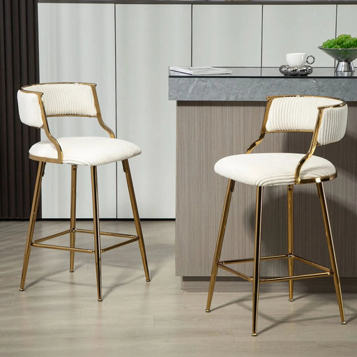 (SET of 2) 26'' Counter height bar stools Corduroy kitchen island counter bar stool with back,golden chromed base and footrest (BEIGE) Default -DTYStore
