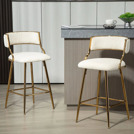 (SET of 2) 26'' Counter height bar stools Corduroy kitchen island counter bar stool with back,golden chromed base and footrest (BEIGE) Default -DTYStore