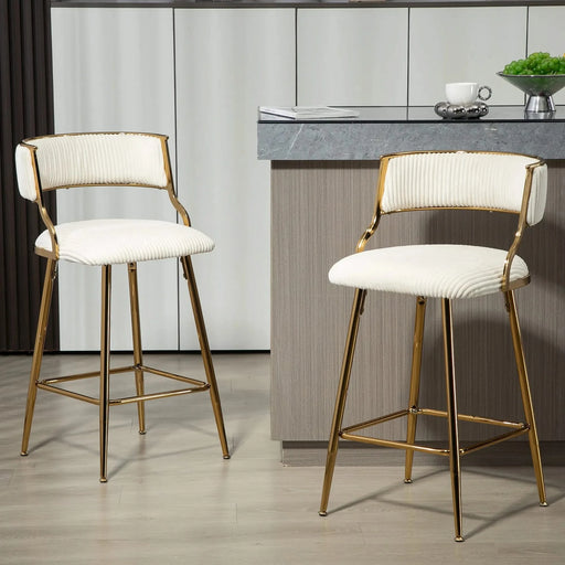 (SET of 2) 26'' Counter height bar stools Corduroy kitchen island counter bar stool with back,golden chromed base and footrest (BEIGE) Default -DTYStore