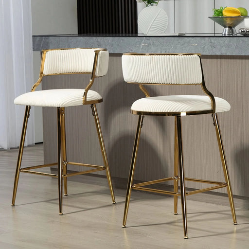 (SET of 2) 26'' Counter height bar stools Corduroy kitchen island counter bar stool with back,golden chromed base and footrest (BEIGE) Default -DTYStore
