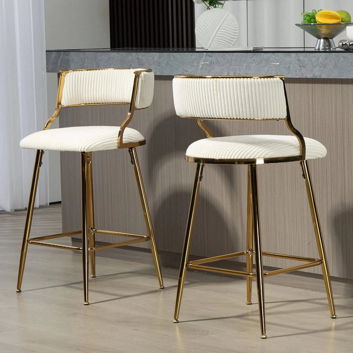 (SET of 2) 26'' Counter height bar stools Corduroy kitchen island counter bar stool with back,golden chromed base and footrest (BEIGE) Default -DTYStore
