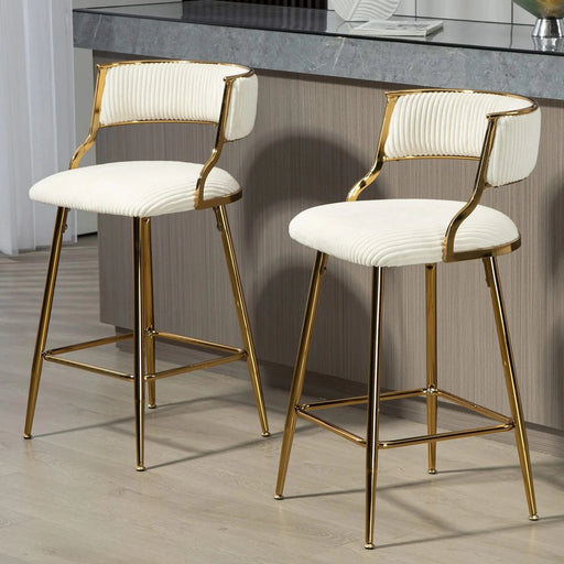 (SET of 2) 26'' Counter height bar stools Corduroy kitchen island counter bar stool with back,golden chromed base and footrest (BEIGE) Default -DTYStore