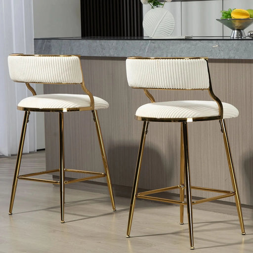 (SET of 2) 26'' Counter height bar stools Corduroy kitchen island counter bar stool with back,golden chromed base and footrest (BEIGE) Default -DTYStore