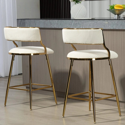 (SET of 2) 26'' Counter height bar stools Corduroy kitchen island counter bar stool with back,golden chromed base and footrest (BEIGE) Default -DTYStore