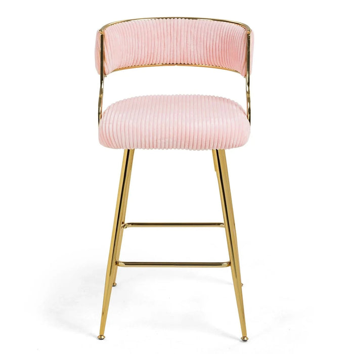 (SET of 2) 26'' Counter height bar stools Corduroy kitchen island counter bar stool with back,golden chromed base and footrest (PINK) Default -DTYStore