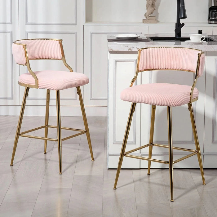 (SET of 2) 26'' Counter height bar stools Corduroy kitchen island counter bar stool with back,golden chromed base and footrest (PINK) Default -DTYStore