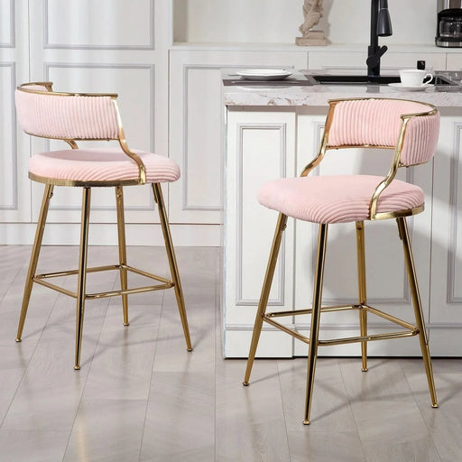 (SET of 2) 26'' Counter height bar stools Corduroy kitchen island counter bar stool with back,golden chromed base and footrest (PINK) Default -DTYStore
