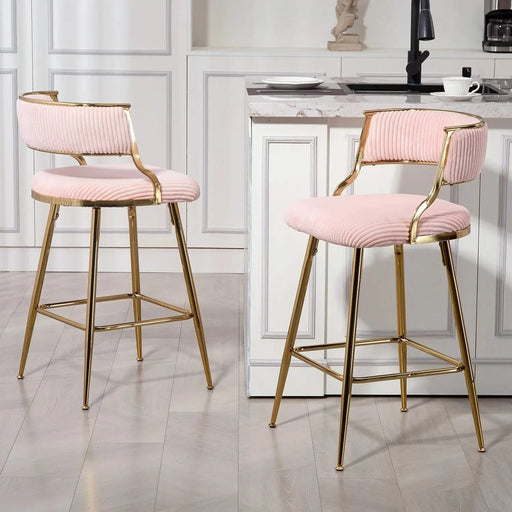 (SET of 2) 26'' Counter height bar stools Corduroy kitchen island counter bar stool with back,golden chromed base and footrest (PINK) Default -DTYStore