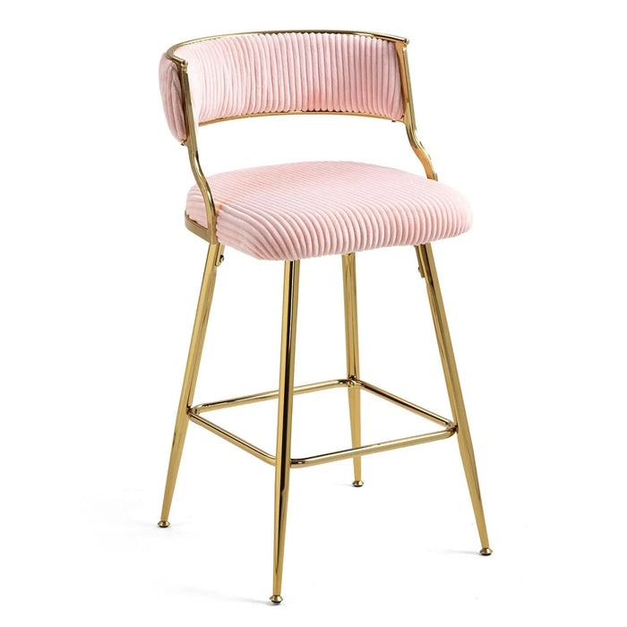 (SET of 2) 26'' Counter height bar stools Corduroy kitchen island counter bar stool with back,golden chromed base and footrest (PINK) Default -DTYStore