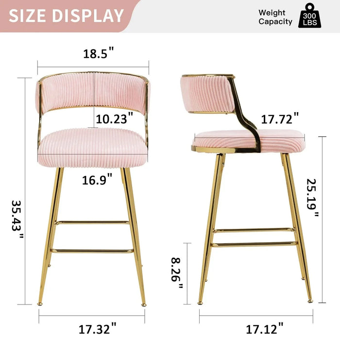 (SET of 2) 26'' Counter height bar stools Corduroy kitchen island counter bar stool with back,golden chromed base and footrest (PINK) Default -DTYStore