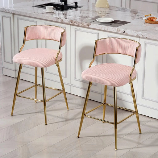 (SET of 2) 26'' Counter height bar stools Corduroy kitchen island counter bar stool with back,golden chromed base and footrest (PINK) Default -DTYStore