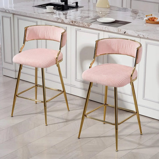 (SET of 2) 26'' Counter height bar stools Corduroy kitchen island counter bar stool with back,golden chromed base and footrest (PINK) Default -DTYStore