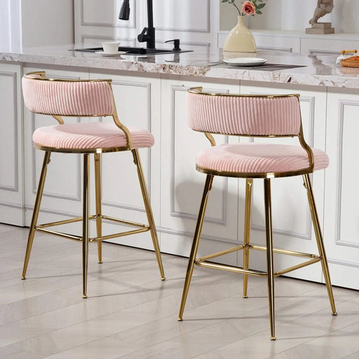 (SET of 2) 26'' Counter height bar stools Corduroy kitchen island counter bar stool with back,golden chromed base and footrest (PINK) Default -DTYStore