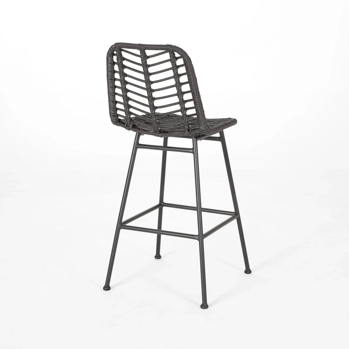 Sawtelle Outdoor Wicker Barstools Set of 2 with Faux Rattan and Iron Frame in Gray and Black Finish Default -DTYStore