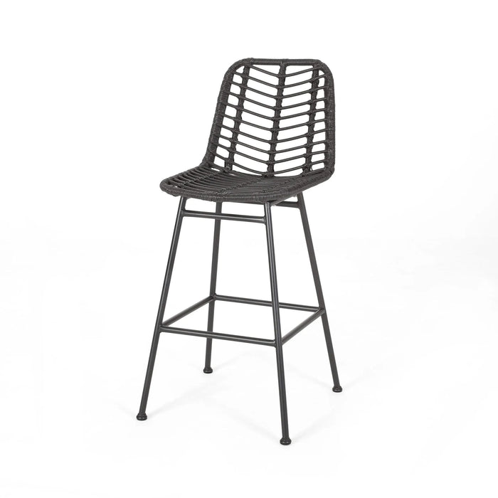 Sawtelle Outdoor Wicker Barstools Set of 2 with Faux Rattan and Iron Frame in Gray and Black Finish Default -DTYStore