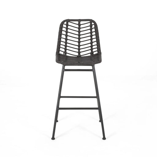 Sawtelle Outdoor Wicker Barstools Set of 2 with Faux Rattan and Iron Frame in Gray and Black Finish Default -DTYStore