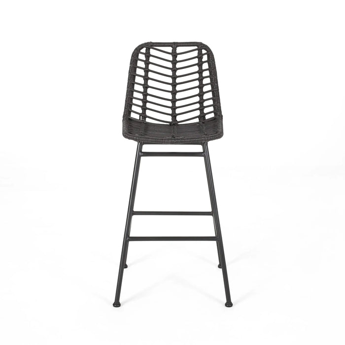 Sawtelle Outdoor Wicker Barstools Set of 2 with Faux Rattan and Iron Frame in Gray and Black Finish Default -DTYStore