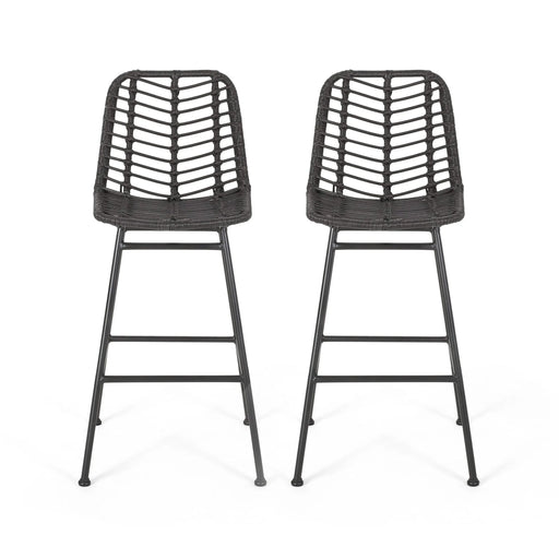 Sawtelle Outdoor Wicker Barstools Set of 2 with Faux Rattan and Iron Frame in Gray and Black Finish Default -DTYStore