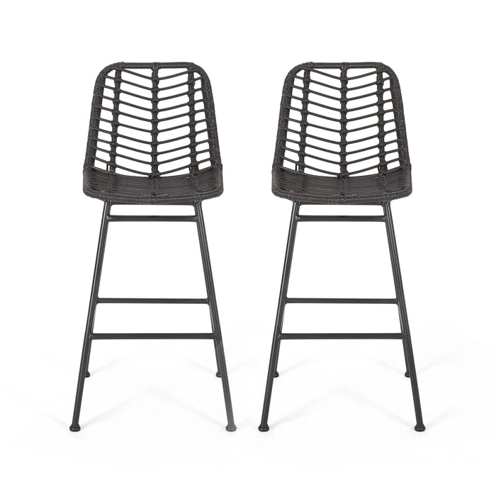 Sawtelle Outdoor Wicker Barstools Set of 2 with Faux Rattan and Iron Frame in Gray and Black Finish Default -DTYStore