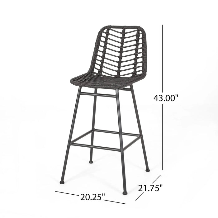 Sawtelle Outdoor Wicker Barstools Set of 2 with Faux Rattan and Iron Frame in Gray and Black Finish Default -DTYStore