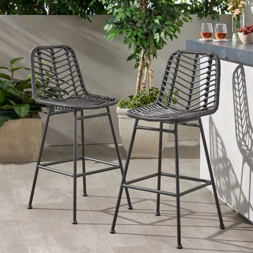 Sawtelle Outdoor Wicker Barstools Set of 2 with Faux Rattan and Iron Frame in Gray and Black Finish Default -DTYStore