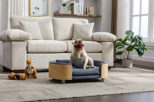 Scandinavian style Elevated Dog Bed Pet Sofa With Solid Wood legs and Bent Wood Back, Velvet Cushion,Mid Size,Dark Grey Default -DTYStore