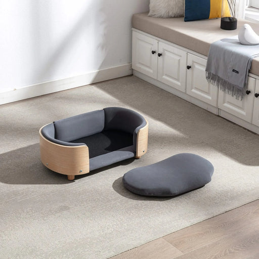 Scandinavian style Elevated Dog Bed Pet Sofa With Solid Wood legs and Bent Wood Back, Velvet Cushion,Small Size -DTYStore