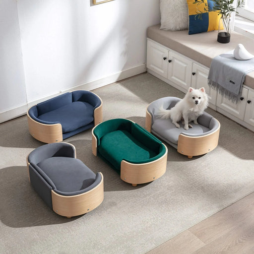 Scandinavian style Elevated Dog Bed Pet Sofa With Solid Wood legs and Bent Wood Back, Velvet Cushion,Small Size -DTYStore