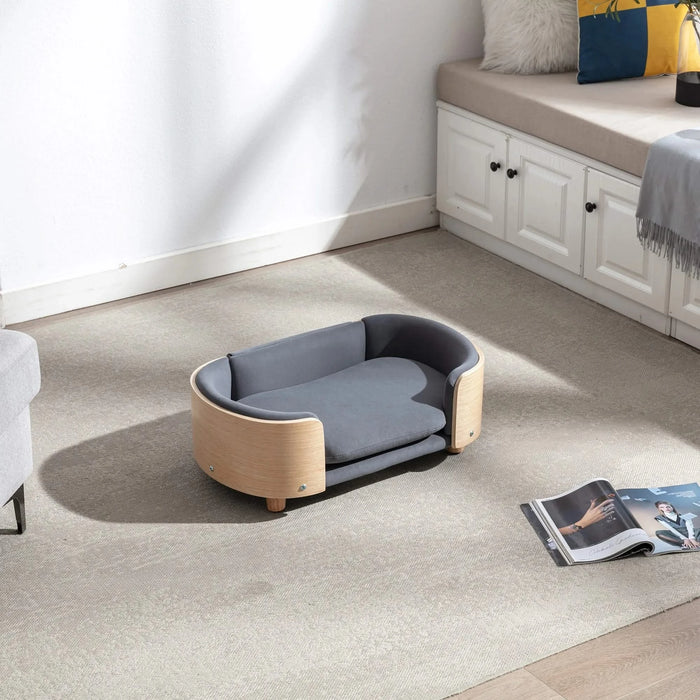 Scandinavian style Elevated Dog Bed Pet Sofa With Solid Wood legs and Bent Wood Back, Velvet Cushion,Small Size -DTYStore