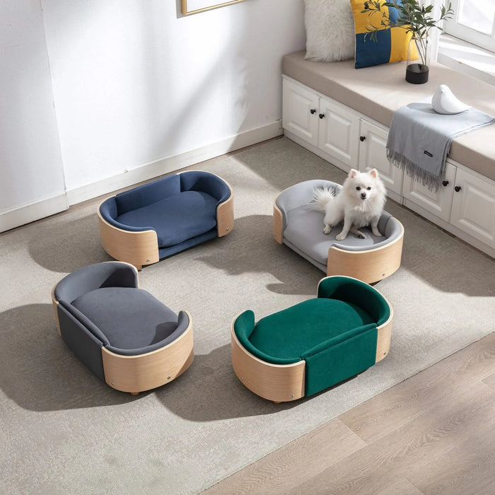 Scandinavian style Elevated Dog Bed Pet Sofa With Solid Wood legs and Bent Wood Back, Velvet Cushion,Small Size -DTYStore