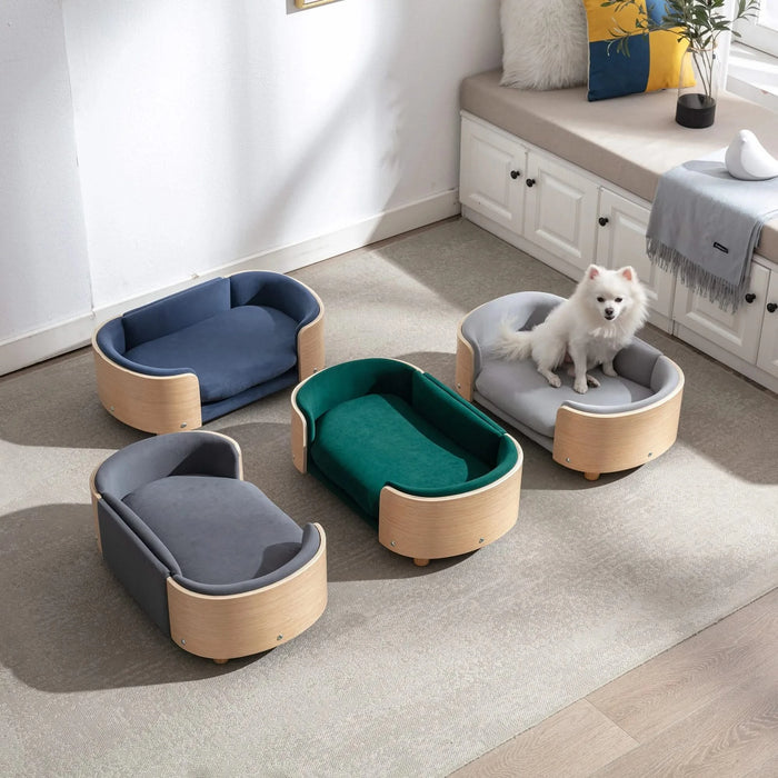 Scandinavian style Elevated Dog Bed Pet Sofa With Solid Wood legs and Bent Wood Back, Velvet Cushion,Small Size -DTYStore