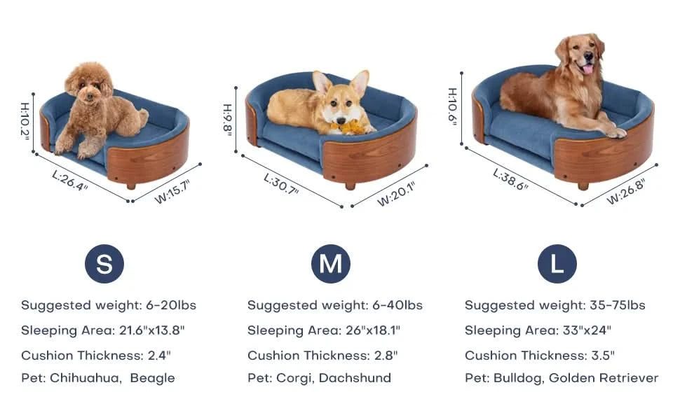 Scandinavian style Elevated Dog Bed Pet Sofa With Solid Wood legs and Walnut Bent Wood Back,Dark Grey Velvet,Small Size    DTYStore