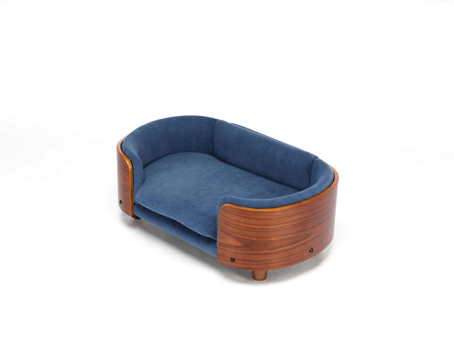 Scandinavian style Elevated Dog Bed Pet Sofa With Solid Wood legs and Walnut Bent Wood Back,Velvet Dark Blue,Small Size Default -DTYStore