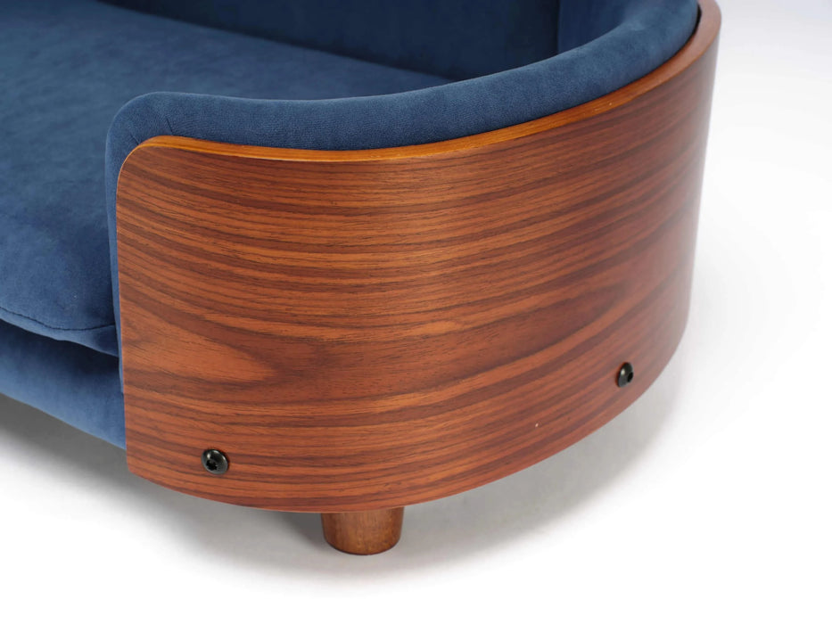 Scandinavian style Elevated Dog Bed Pet Sofa With Solid Wood legs and Walnut Bent Wood Back,Velvet Dark Blue,Small Size Default -DTYStore