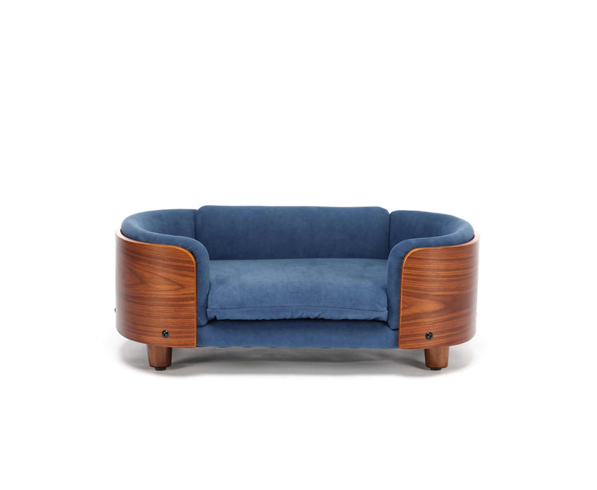 Scandinavian style Elevated Dog Bed Pet Sofa With Solid Wood legs and Walnut Bent Wood Back,Velvet Dark Blue,Small Size Default -DTYStore
