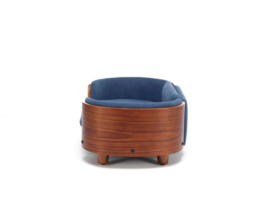 Scandinavian style Elevated Dog Bed Pet Sofa With Solid Wood legs and Walnut Bent Wood Back,Velvet Dark Blue,Small Size Default -DTYStore