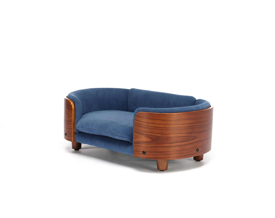 Scandinavian style Elevated Dog Bed Pet Sofa With Solid Wood legs and Walnut Bent Wood Back,Velvet Dark Blue,Small Size Default -DTYStore