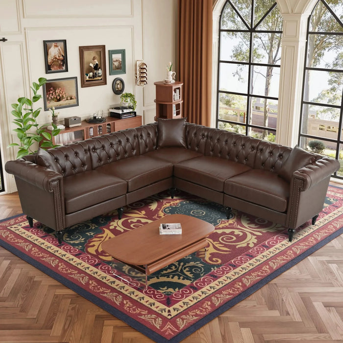 Sectional Sofa Couch for Living Room, L Shaped Reversible Modern Chesterfield Sofa with Rolled Arms and Nailhead, 5 Seat Tufted Couch for Small or Large Space(Dark Brown) PU Leather Default -DTYStore