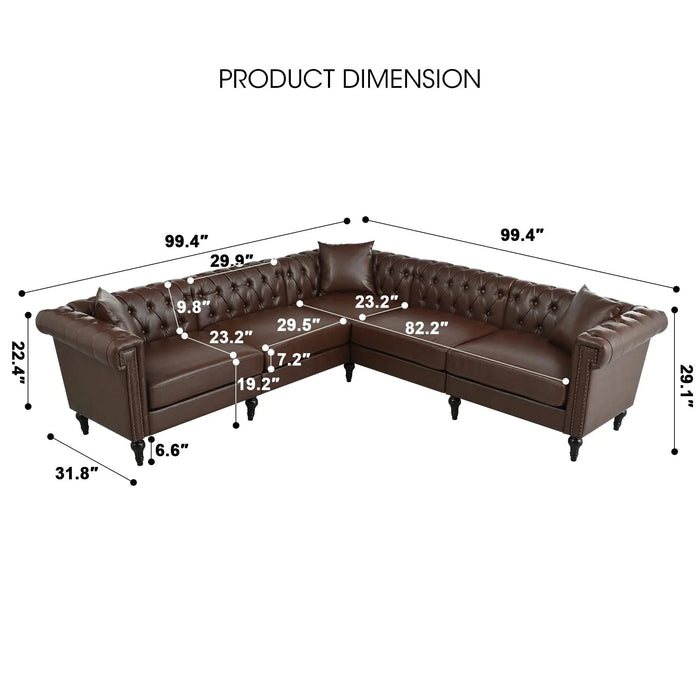 Sectional Sofa Couch for Living Room, L Shaped Reversible Modern Chesterfield Sofa with Rolled Arms and Nailhead, 5 Seat Tufted Couch for Small or Large Space(Dark Brown) PU Leather Default -DTYStore
