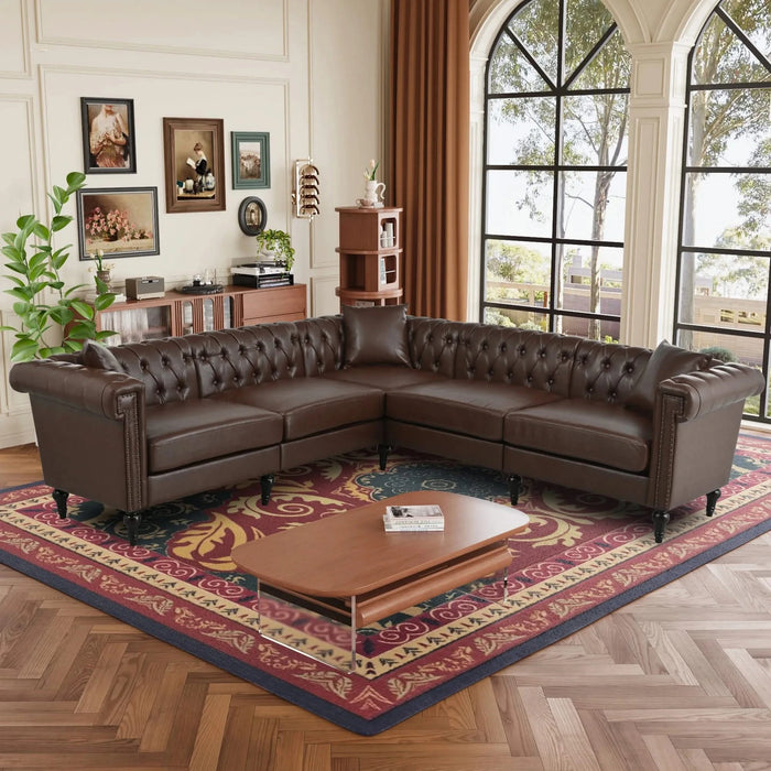 Sectional Sofa Couch for Living Room, L Shaped Reversible Modern Chesterfield Sofa with Rolled Arms and Nailhead, 5 Seat Tufted Couch for Small or Large Space(Dark Brown) PU Leather Default -DTYStore