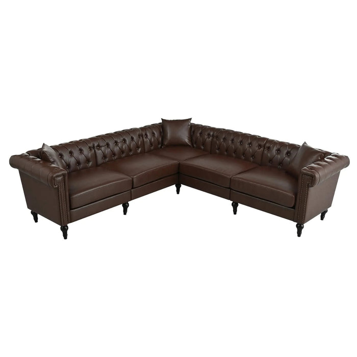 Sectional Sofa Couch for Living Room, L Shaped Reversible Modern Chesterfield Sofa with Rolled Arms and Nailhead, 5 Seat Tufted Couch for Small or Large Space(Dark Brown) PU Leather Default -DTYStore