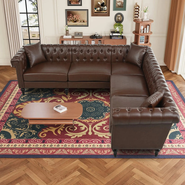 Sectional Sofa Couch for Living Room, L Shaped Reversible Modern Chesterfield Sofa with Rolled Arms and Nailhead, 5 Seat Tufted Couch for Small or Large Space(Dark Brown) PU Leather Default -DTYStore