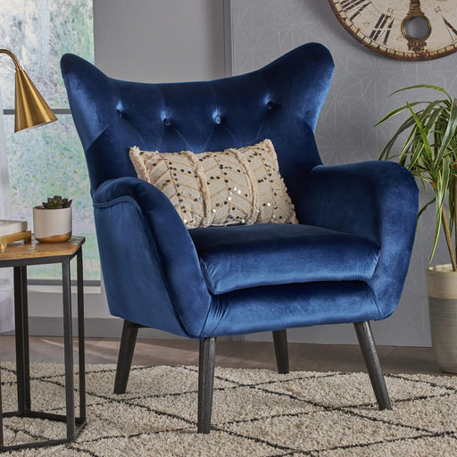 Seigfried Mid-Century Velvet Arm Chair, Navy Blue / Black, 28.5D x 34.25W x 39.75H in Default -DTYStore